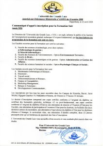 Communiqué d&rsquo;appel à l&rsquo;inscription pour la formation du soir:Année 2026